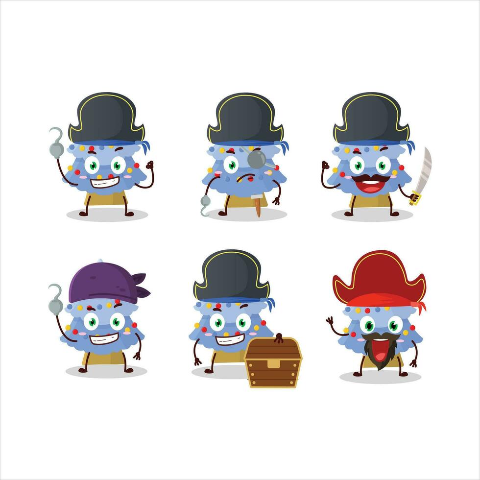 dibujos animados personaje de azul Navidad árbol con varios piratas emoticones vector