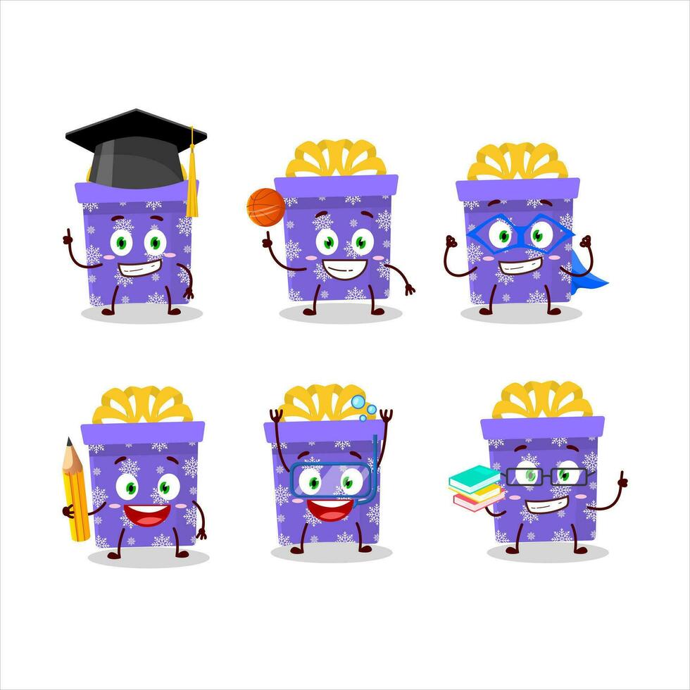 School student of purple christmas gift cartoon character with various expressions vector
