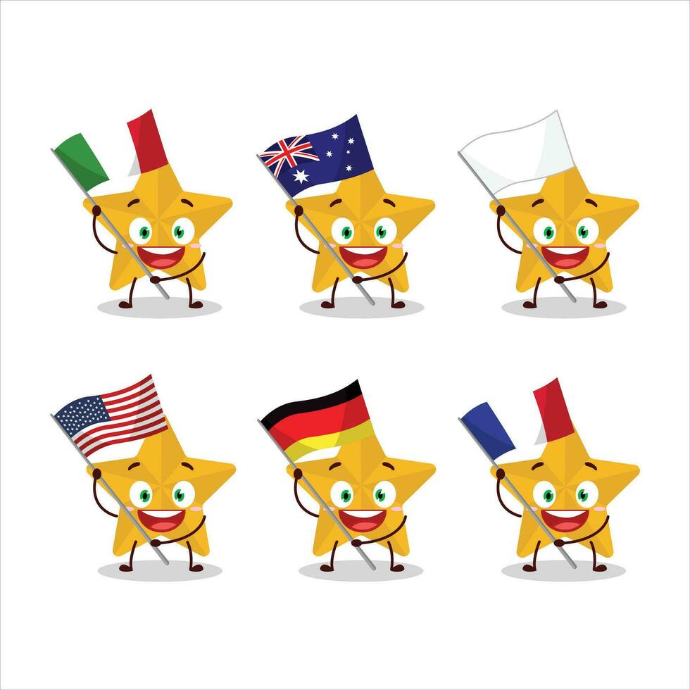 nuevo amarillo estrellas dibujos animados personaje traer el banderas de varios países vector