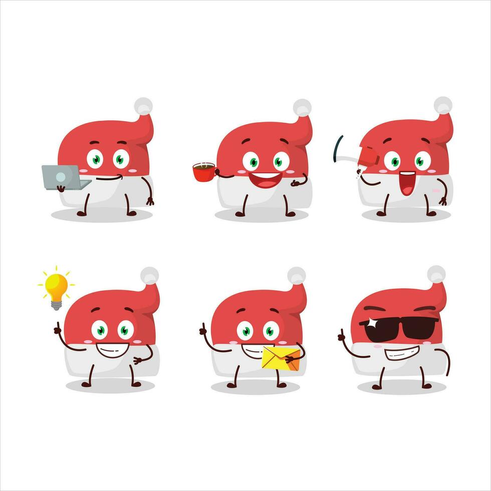 Red santa hat cartoon character with various types of business emoticons vector