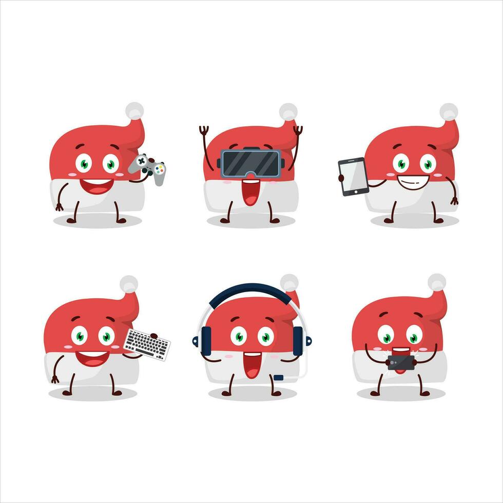 Red santa hat cartoon character are playing games with various cute emoticons vector