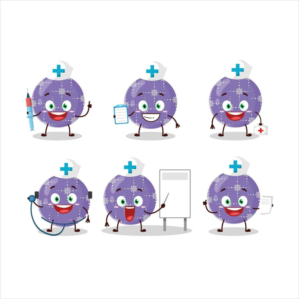 médico profesión emoticon con Navidad pelota púrpura dibujos animados personaje vector