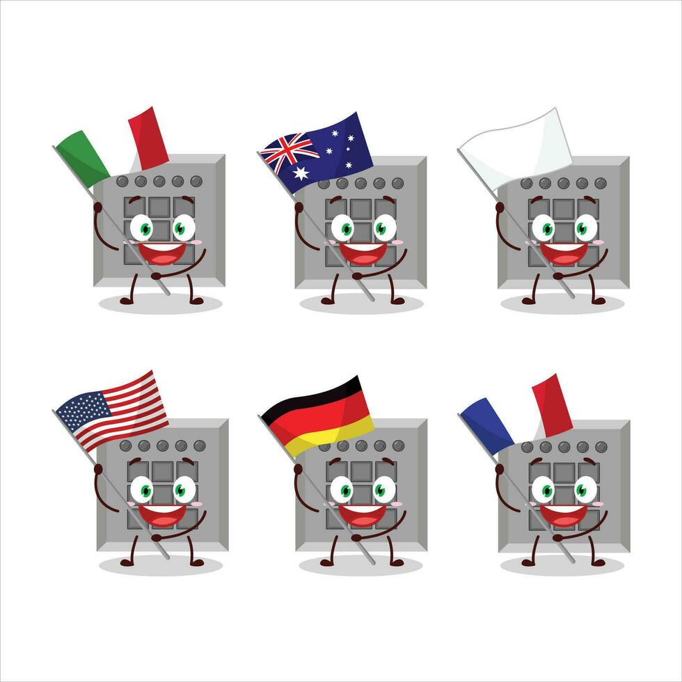 botón tarea dibujos animados personaje traer el banderas de varios países vector
