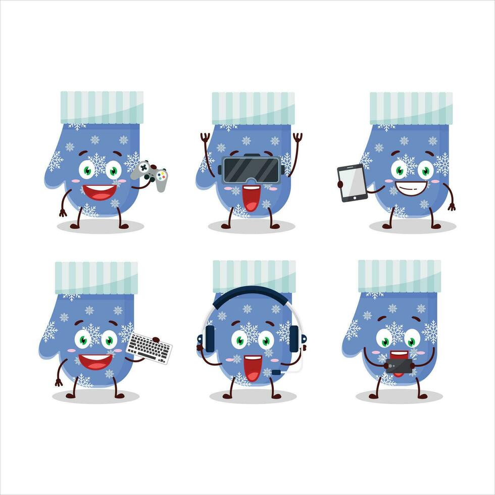 Blue gloves cartoon character are playing games with various cute emoticons vector