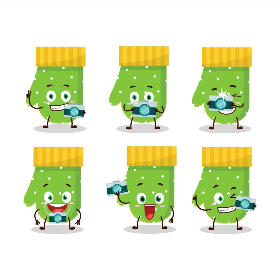 Photographer profession emoticon with green gloves cartoon character vector