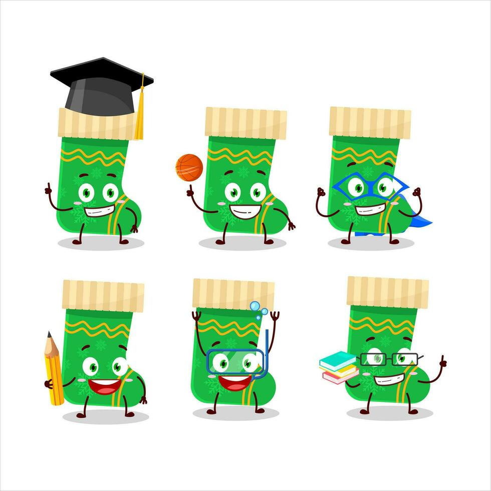 School student of green christmas socks cartoon character with various expressions vector