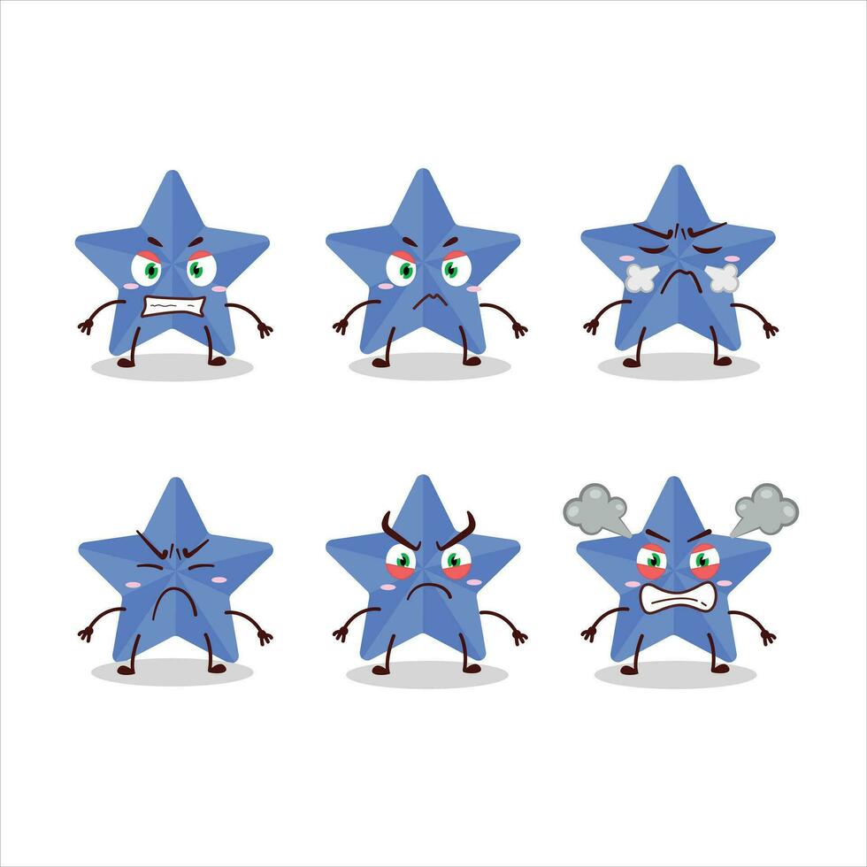 nuevo azul estrellas dibujos animados personaje con varios enojado expresiones vector