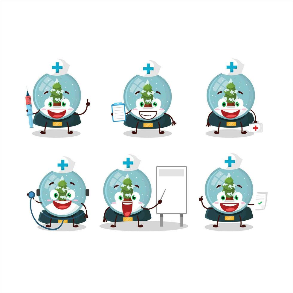 médico profesión emoticon con bola de nieve con árbol dibujos animados personaje vector