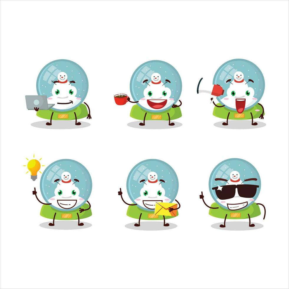 Snowball with snowman cartoon character with various types of business emoticons vector