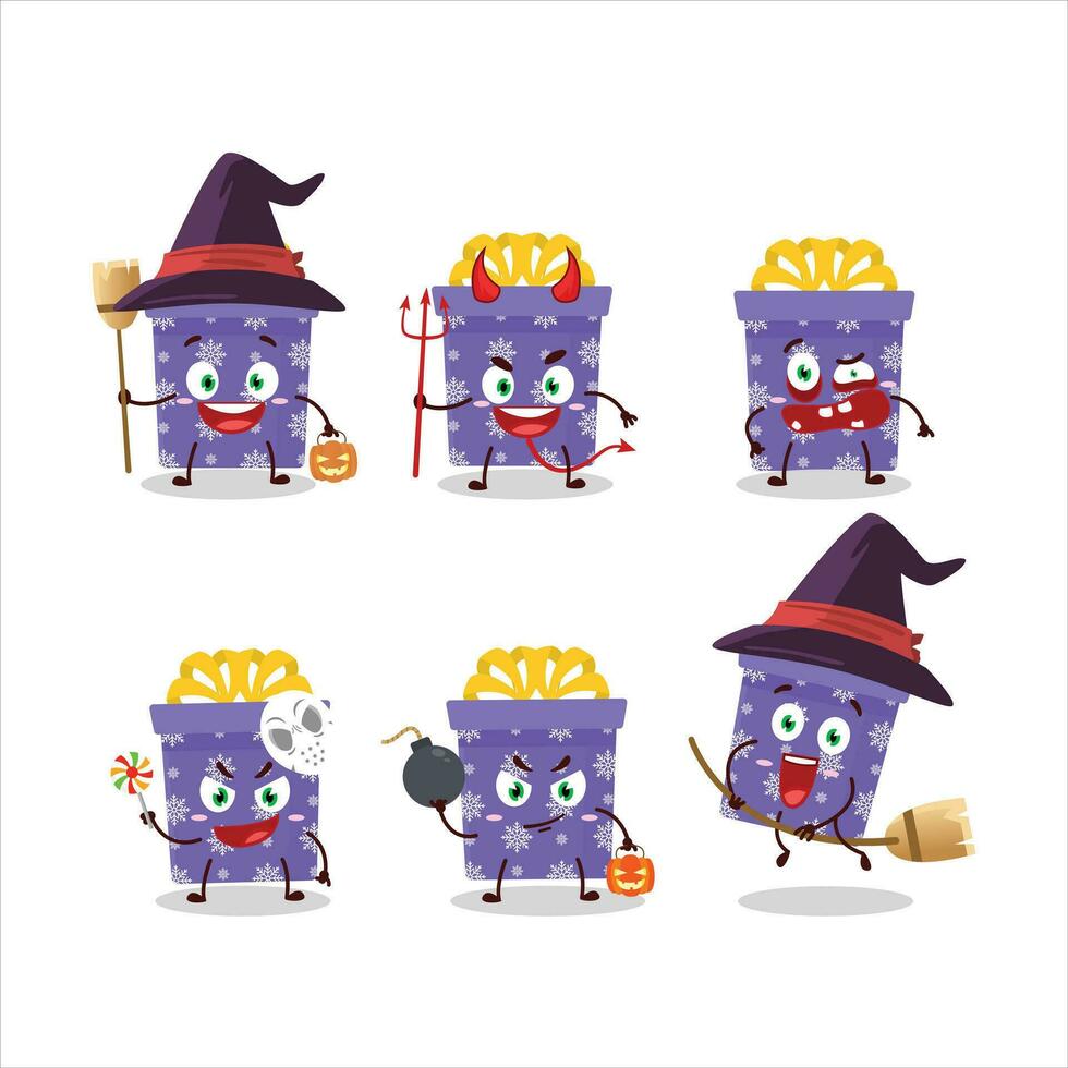Víspera de Todos los Santos expresión emoticones con dibujos animados personaje de púrpura Navidad regalo vector