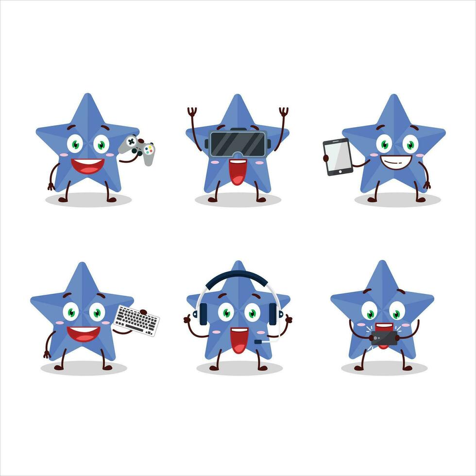 New blue stars cartoon character are playing games with various cute emoticons vector