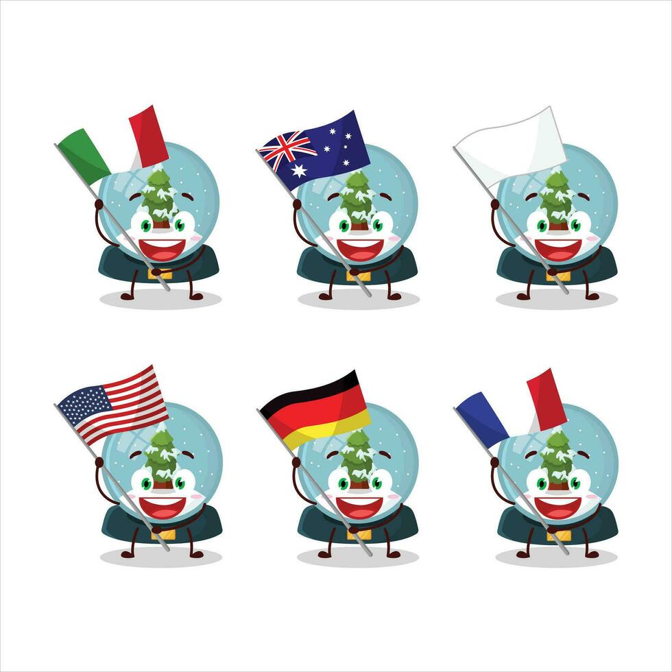 bola de nieve con árbol dibujos animados personaje traer el banderas de varios países vector