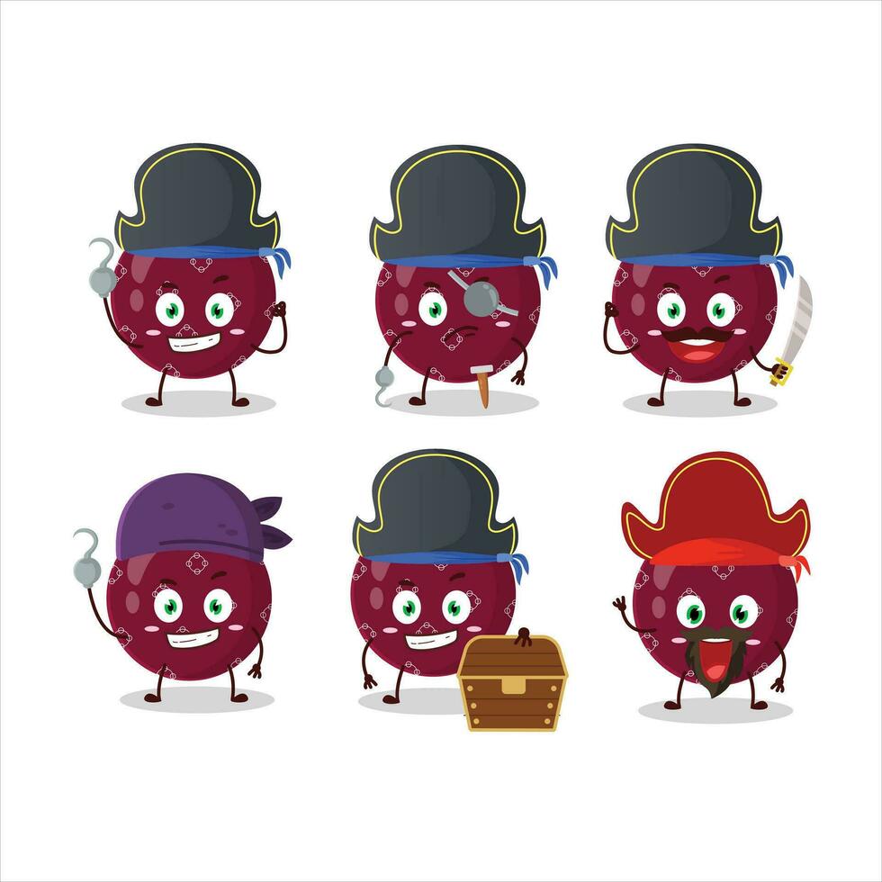 dibujos animados personaje de Navidad pelota oscuro púrpura con varios piratas emoticones vector