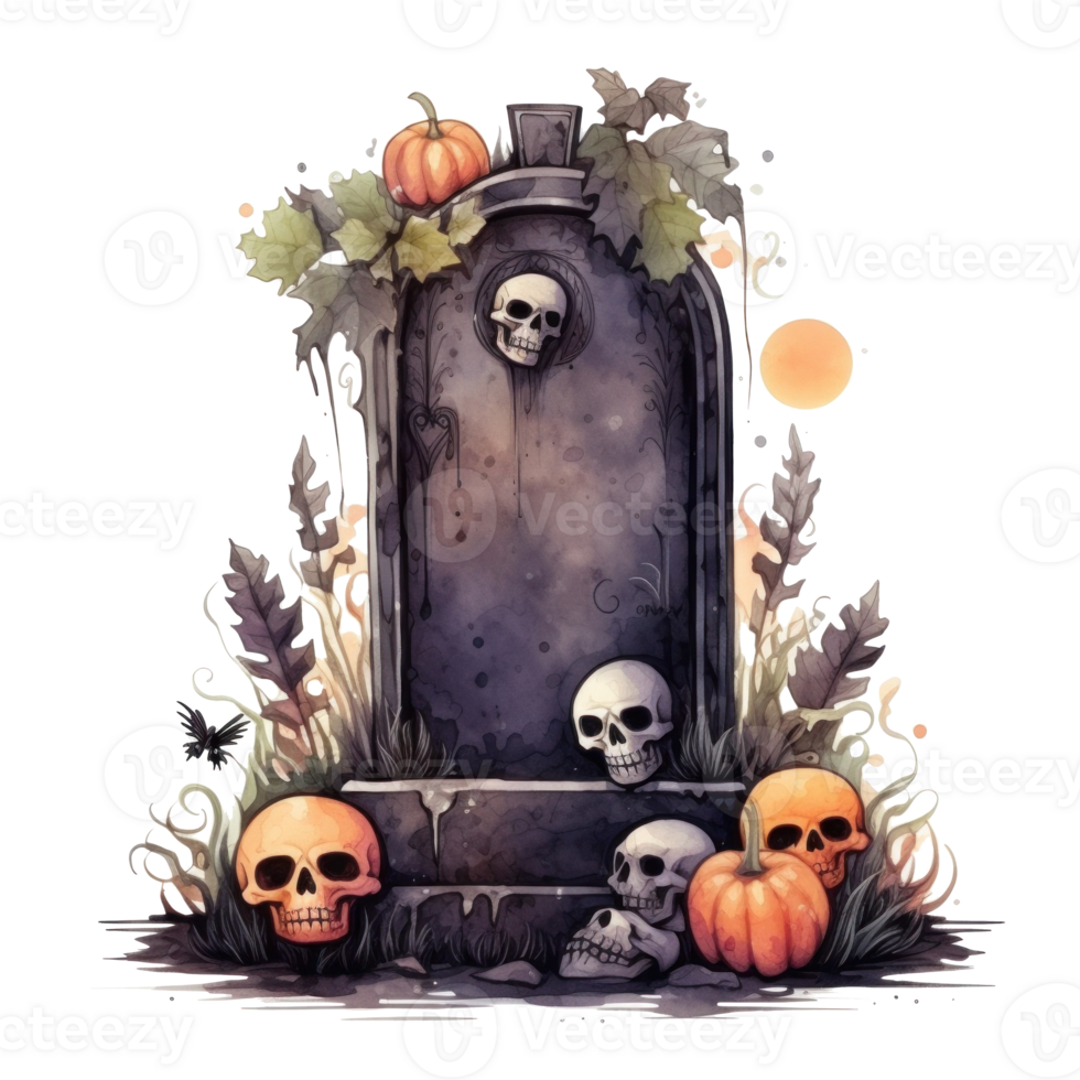 Watercolor halloween cute cartoon tombstone isolated. Illustration AI Generative png