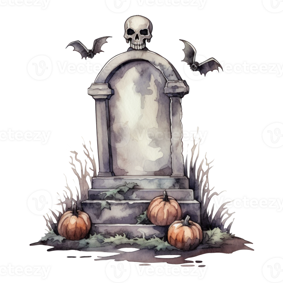 Watercolor halloween cute cartoon tombstone isolated. Illustration AI Generative png