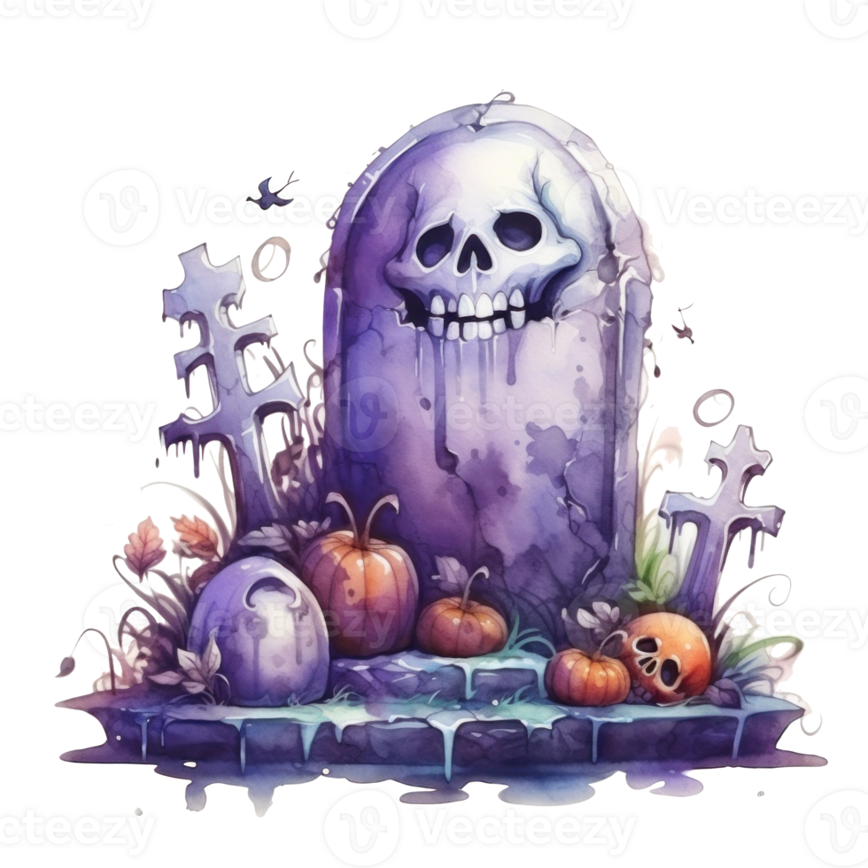 Watercolor halloween cute cartoon tombstone isolated. Illustration AI Generative png