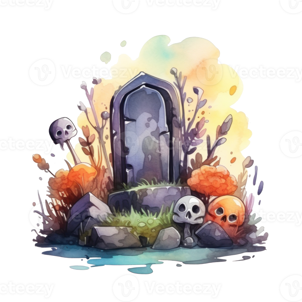 Watercolor halloween cute cartoon tombstone isolated. Illustration AI Generative png