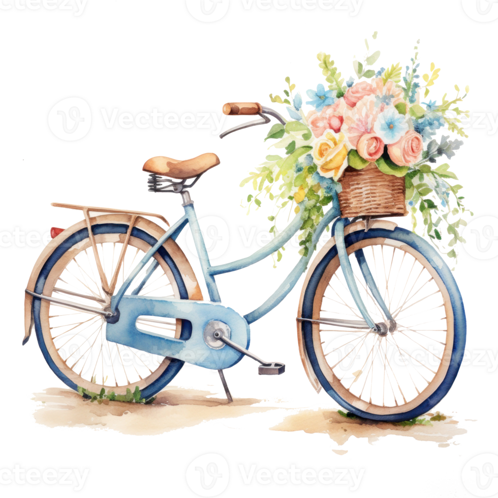 Cute watercolor bicycle with flowers. Illustration AI Generative png