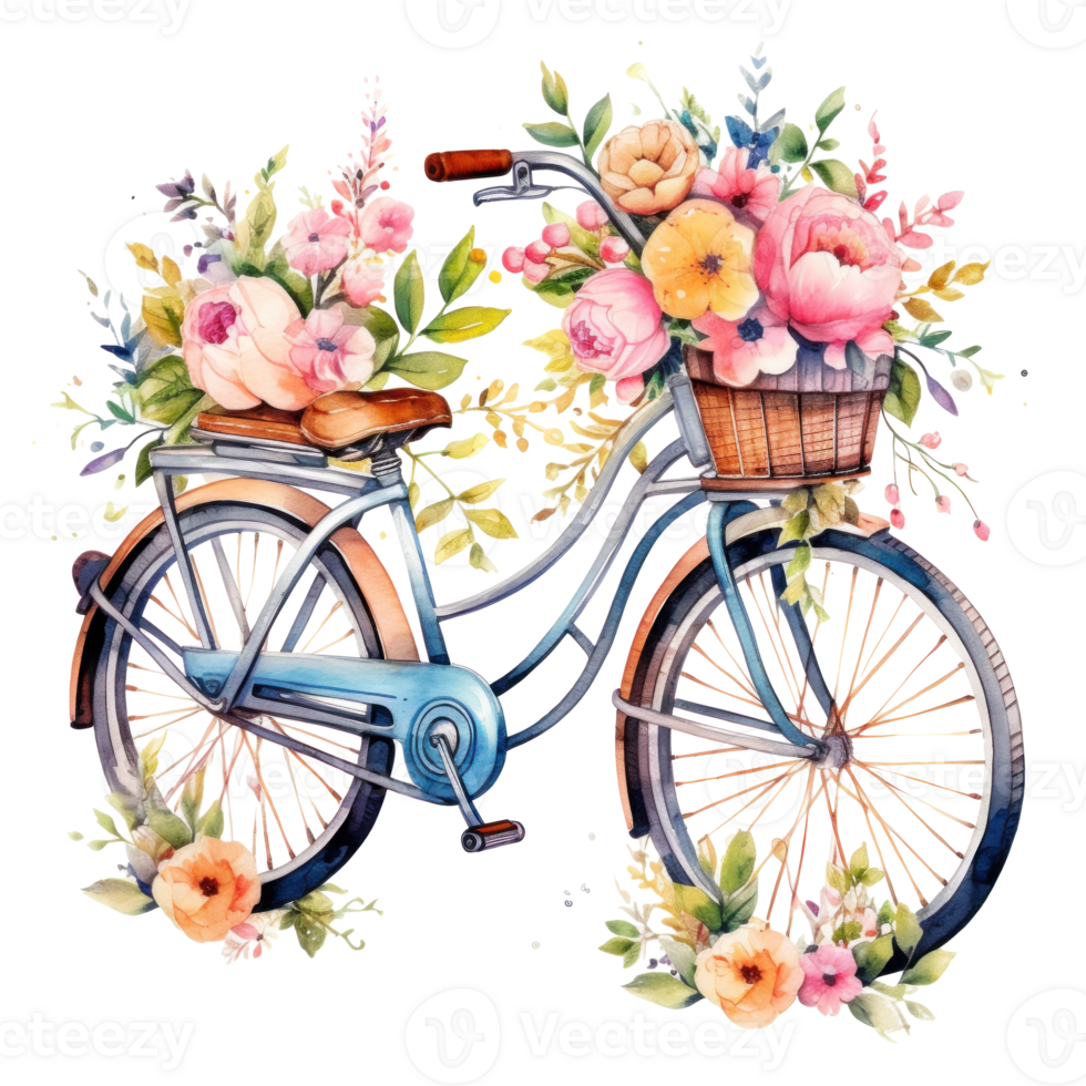 Cute watercolor bicycle with flowers. Illustration AI Generative png