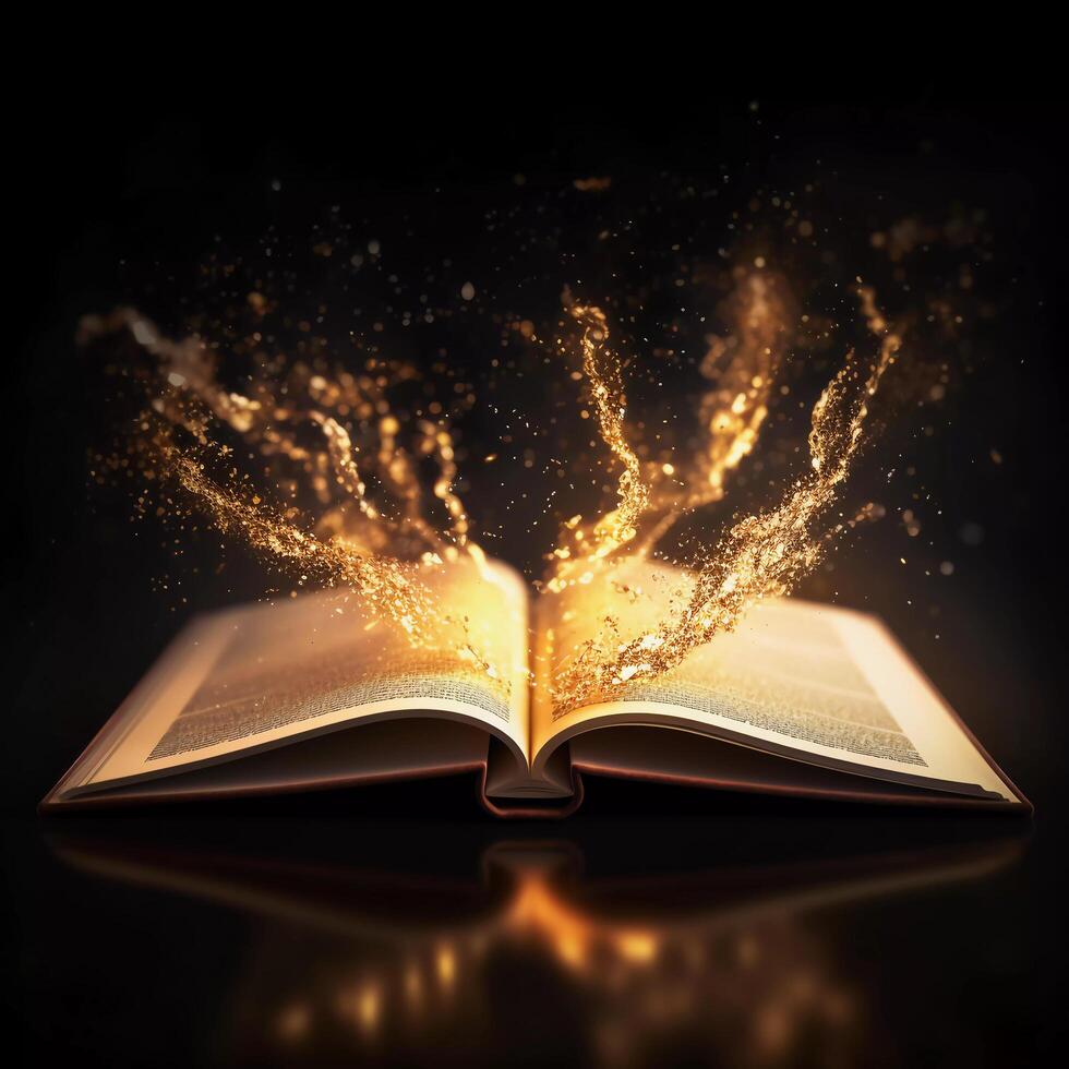 Fantasy background with magical book image with lights exploding from the pages - generative ai photo