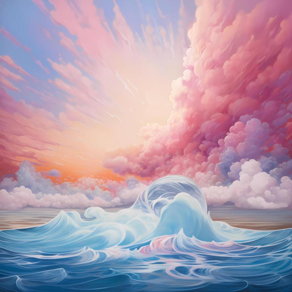 Abstract background with sugar cotton candy clouds and flowing waves - photo