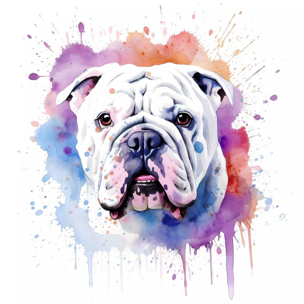 Cute watercolour painting of a white bulldog photo