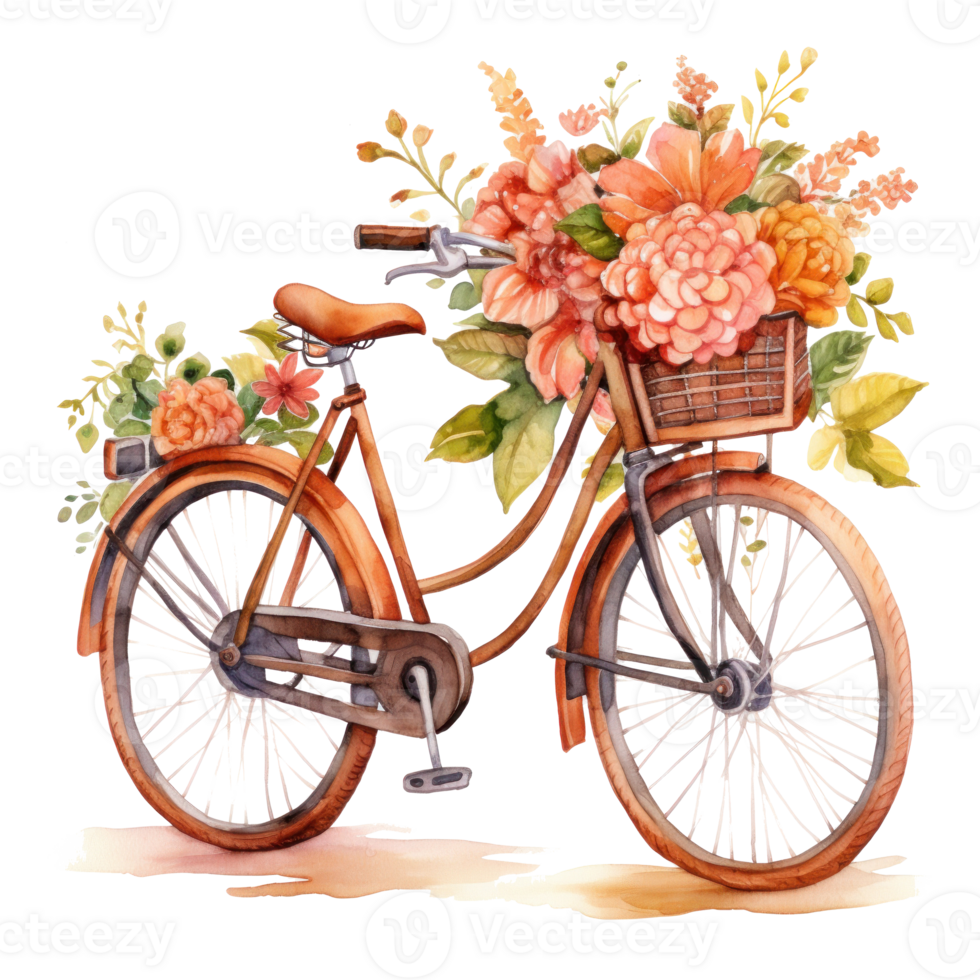 Cute watercolor bicycle with flowers. Illustration AI Generative png