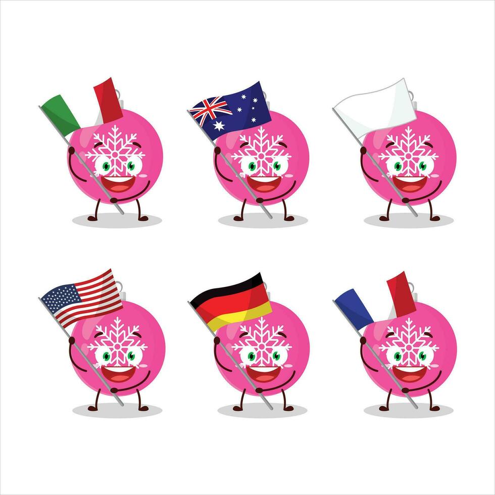 Christmas ball pink cartoon character bring the flags of various countries vector
