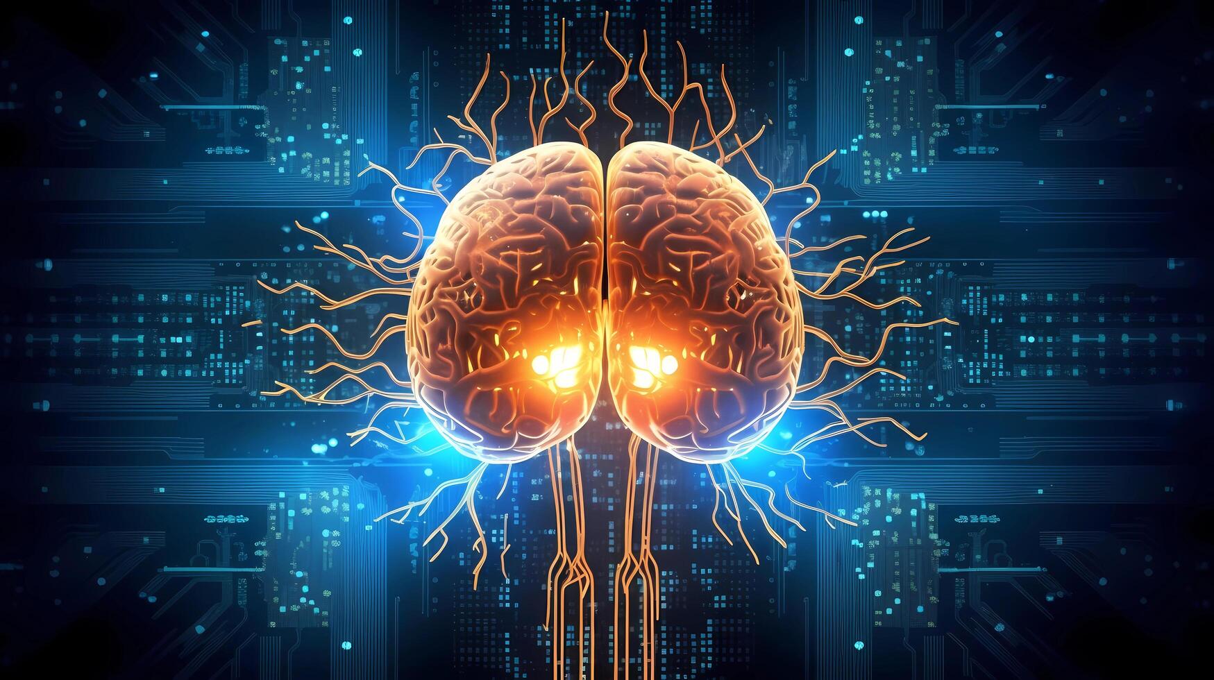 Abstract cyber image of a brain with glowing neurons on circuit board background - generative ai photo