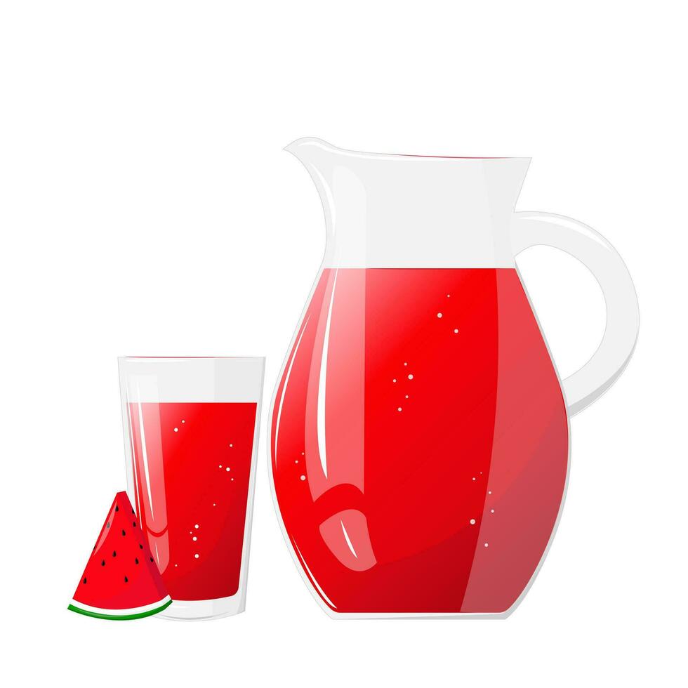 Lemonade juice jug and glass with watermelon. Refreshing drink. For design of fresh product, juice, canned food, menu for cafe, poster. Flat vector illustration design