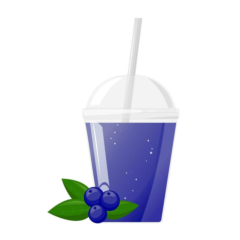 Blue fresh blueberry or bilberry juice in plastic glass. Fruit juice in clear plastic cup. Vector illustration for design of fresh product, juice, canned food, menu for cafe