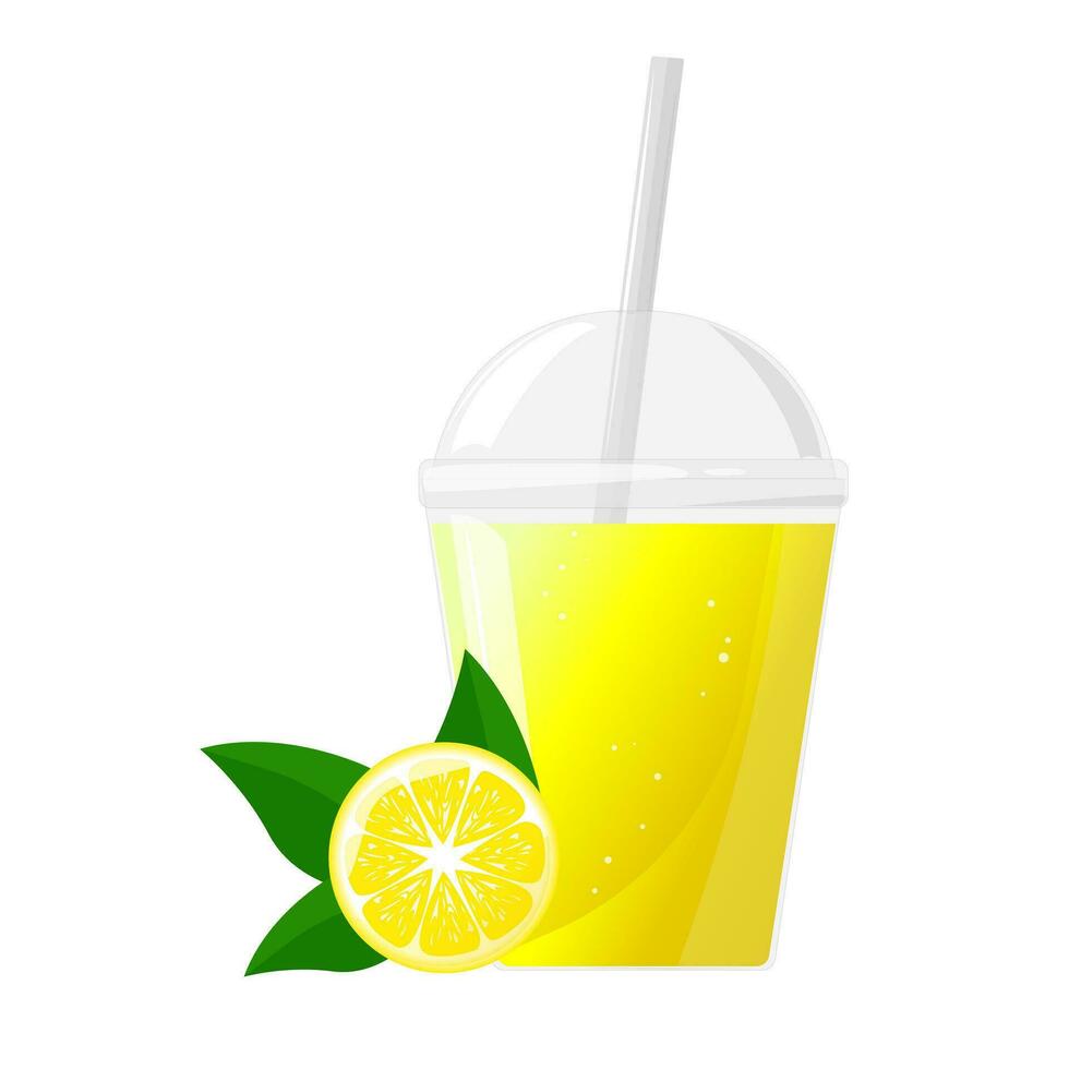 Yellow fresh lemon juice in plastic glass. Citrus juice in clear plastic cup. Vector illustration for design of fresh product, juice, canned food, menu for cafe