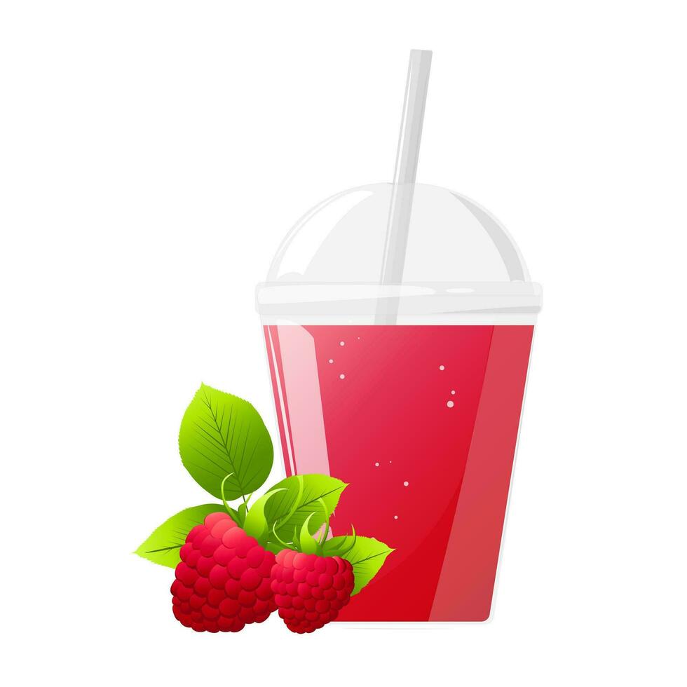 Red fresh raspberry juice in plastic glass. Fruit juice in clear plastic cup. Vector illustration for design of fresh product, juice, canned food, menu for cafe