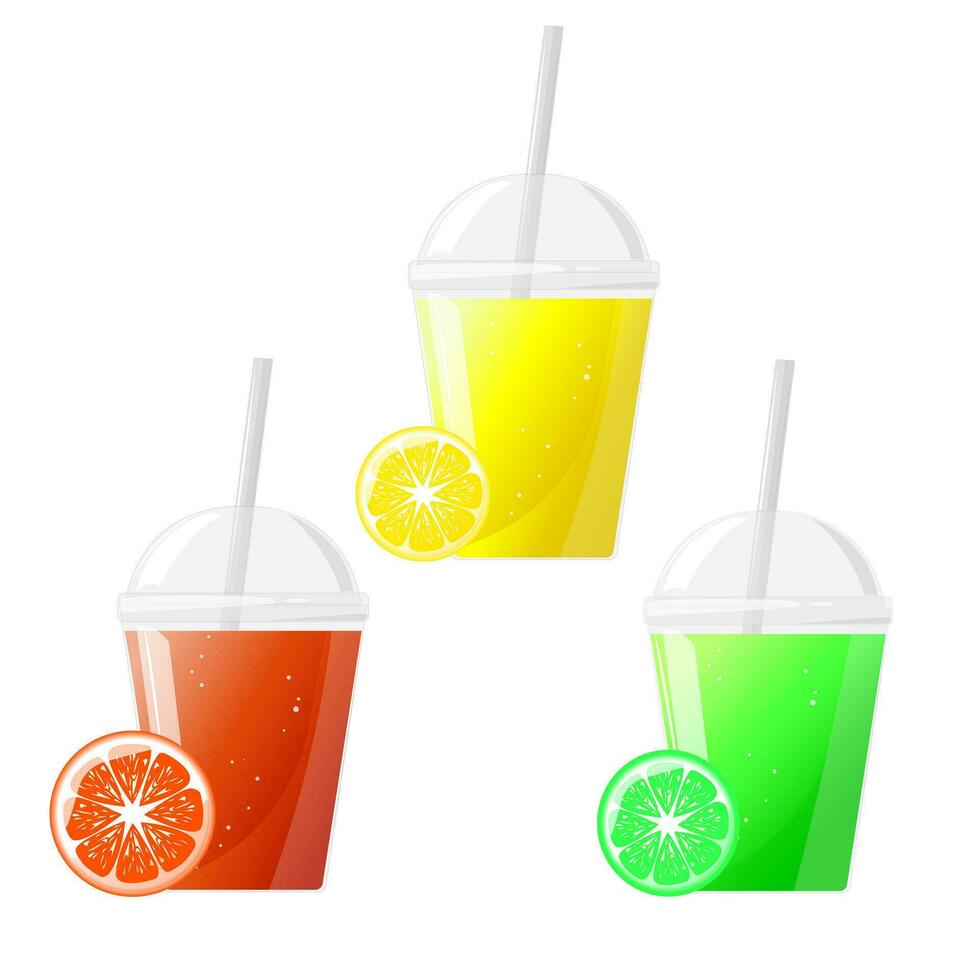 Set plastic glasses with citrus juice. Vector illustration for design of fresh product, juice, canned food, menu for cafe