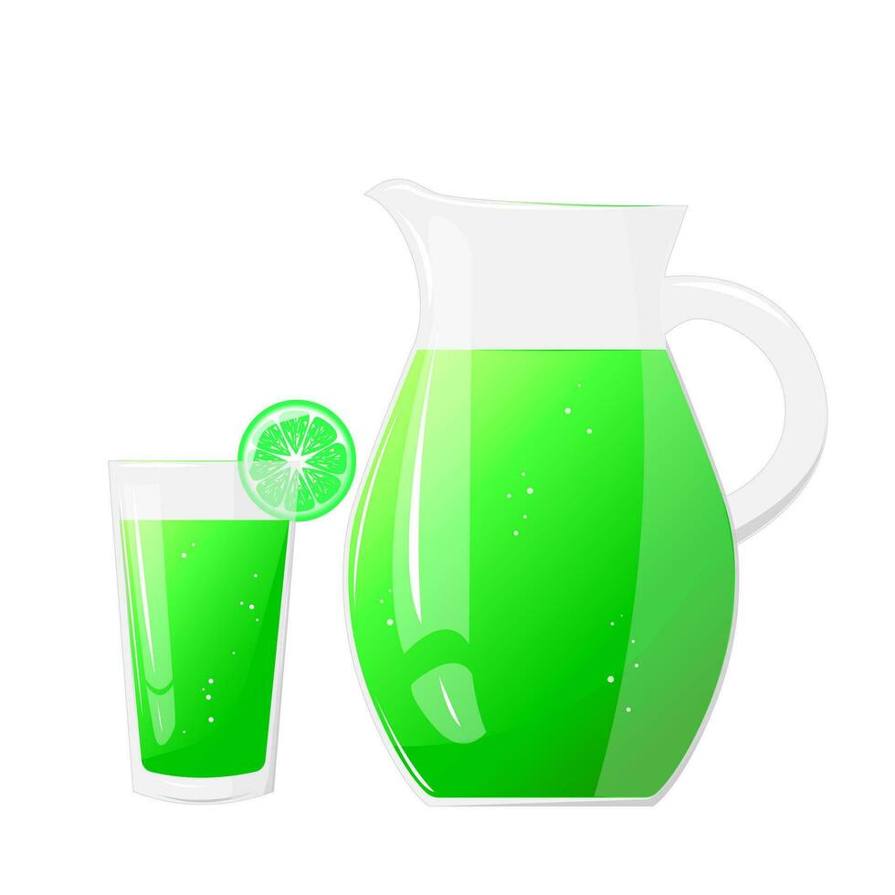 Lemonade juice jug and glass with  lime fruit. Refreshing drink. For design of fresh product, juice, canned food, menu for cafe, poster. Flat vector illustration design