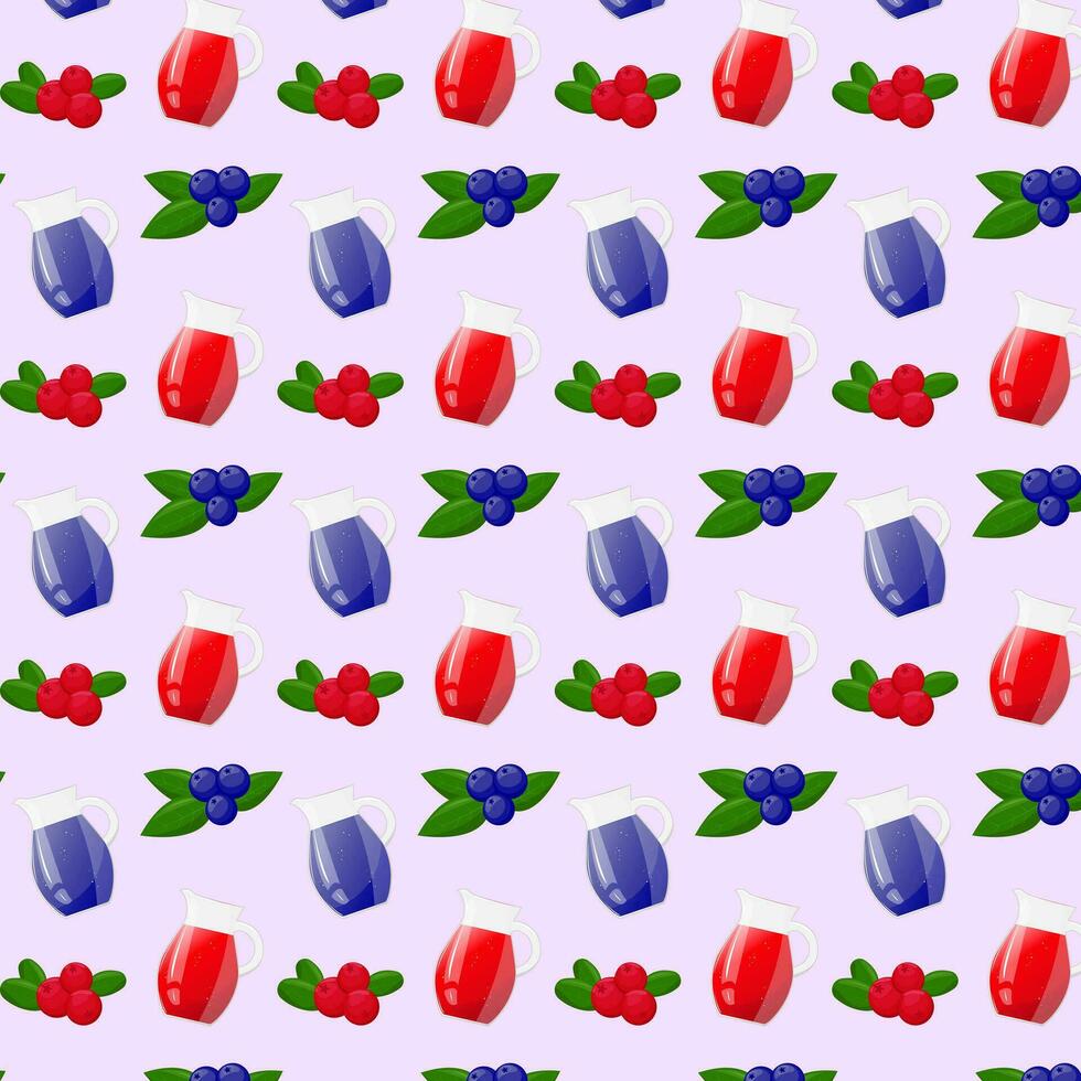 Seamless pattern Lemonade juice jug and with blueberries or cranberries. Refreshing drink. For design of fresh product, juice, canned food, menu for cafe, poster. Flat vector illustration design