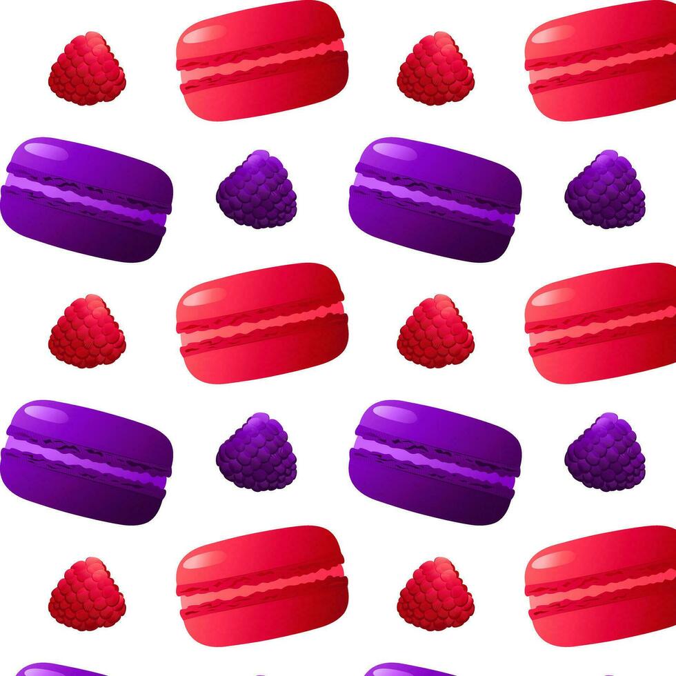 Seamless pattern purple and red macarons with blackberries, raspberries. Highly detailed dessert, macaroon, sweets, menu design, restaurants shop. Gradient macarons. Vector illustration