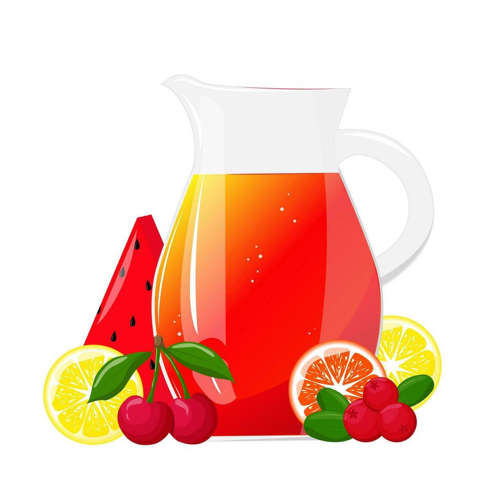 Lemonade juice jug with fruits. Refreshing drink. For design of fresh product, juice, canned food, menu for cafe, poster. Flat vector illustration design