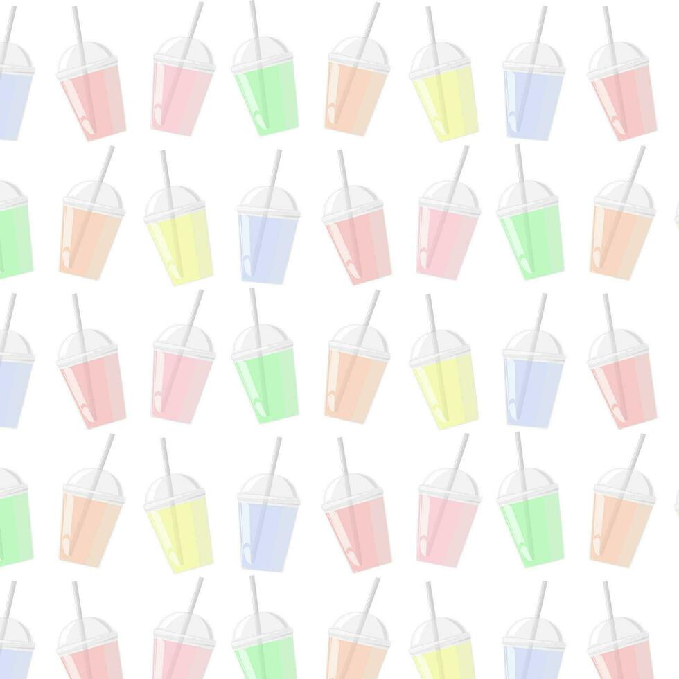 Seamless pattern plastic cup with dome cap and cocktail tube, color. For milkshake and lemonade, juice, tea and smoothie. Vector illustration