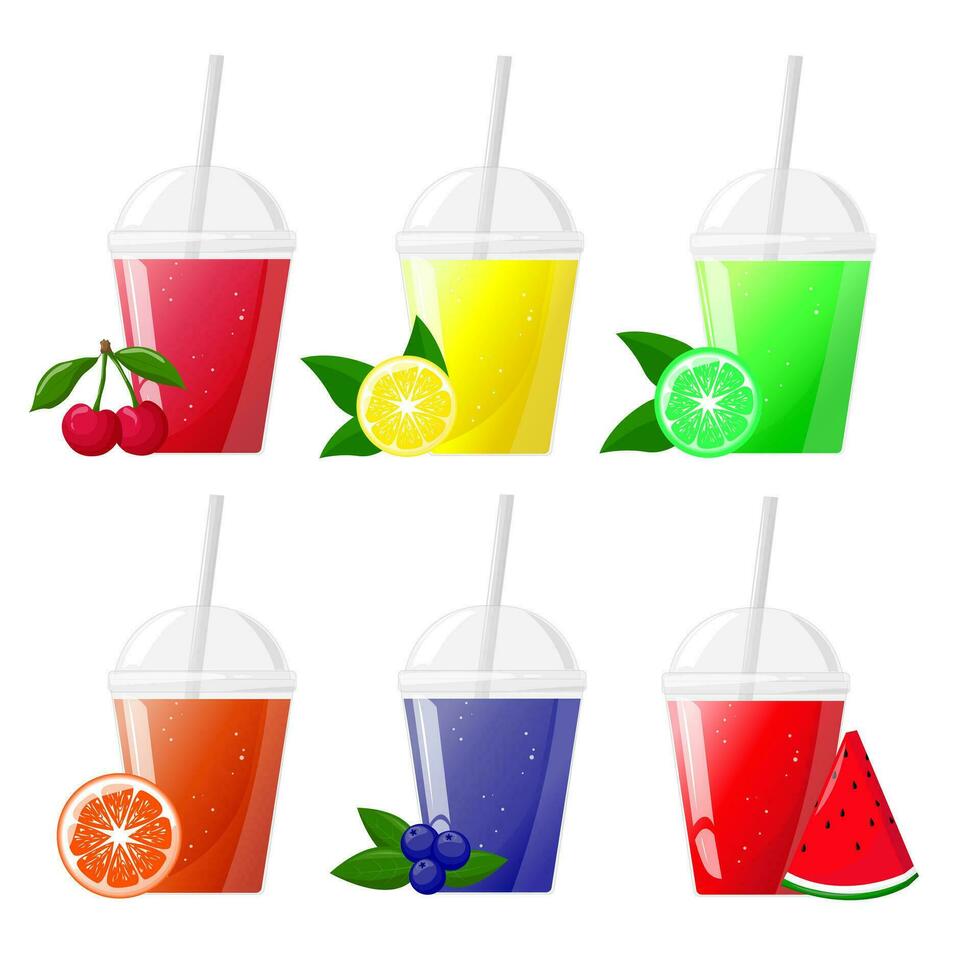 conjunto el plastico vaso con diferente jugo. Fruta jugo en claro el plastico taza. vector ilustración para diseño de Fresco producto, jugo, Enlatado alimento, menú para café