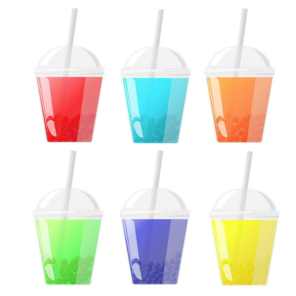 Vector set of cold lemonade, juice and tapioca in a plastic cup. A drink with different tastes and aromas. Isolated design on a white background