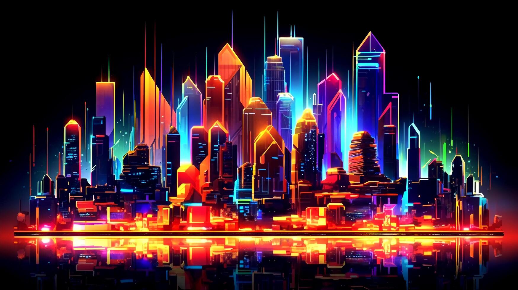 Abstract stylized illustration of a modern city skyline at night in neon colours - photo