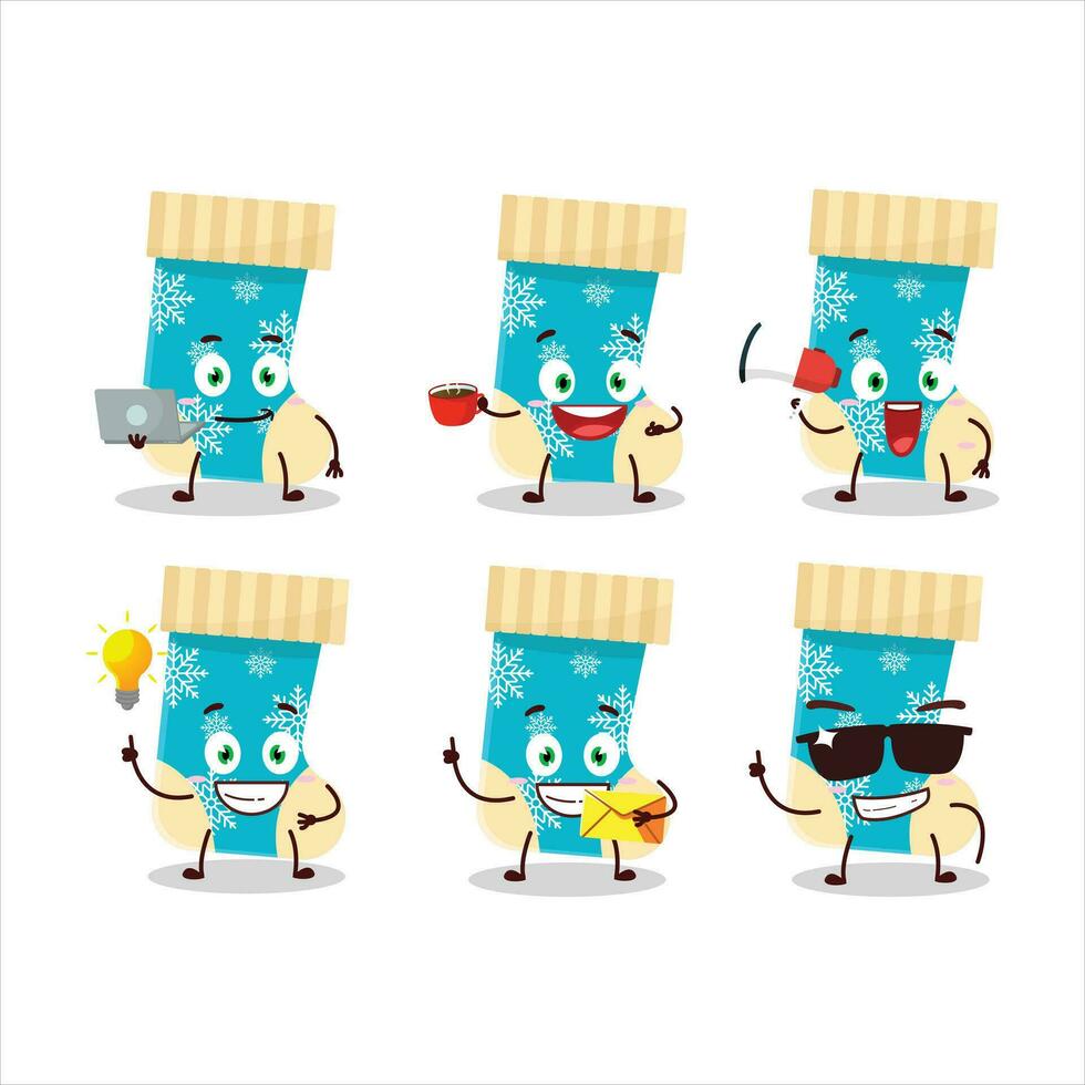 Blue christmas socks cartoon character with various types of business emoticons vector