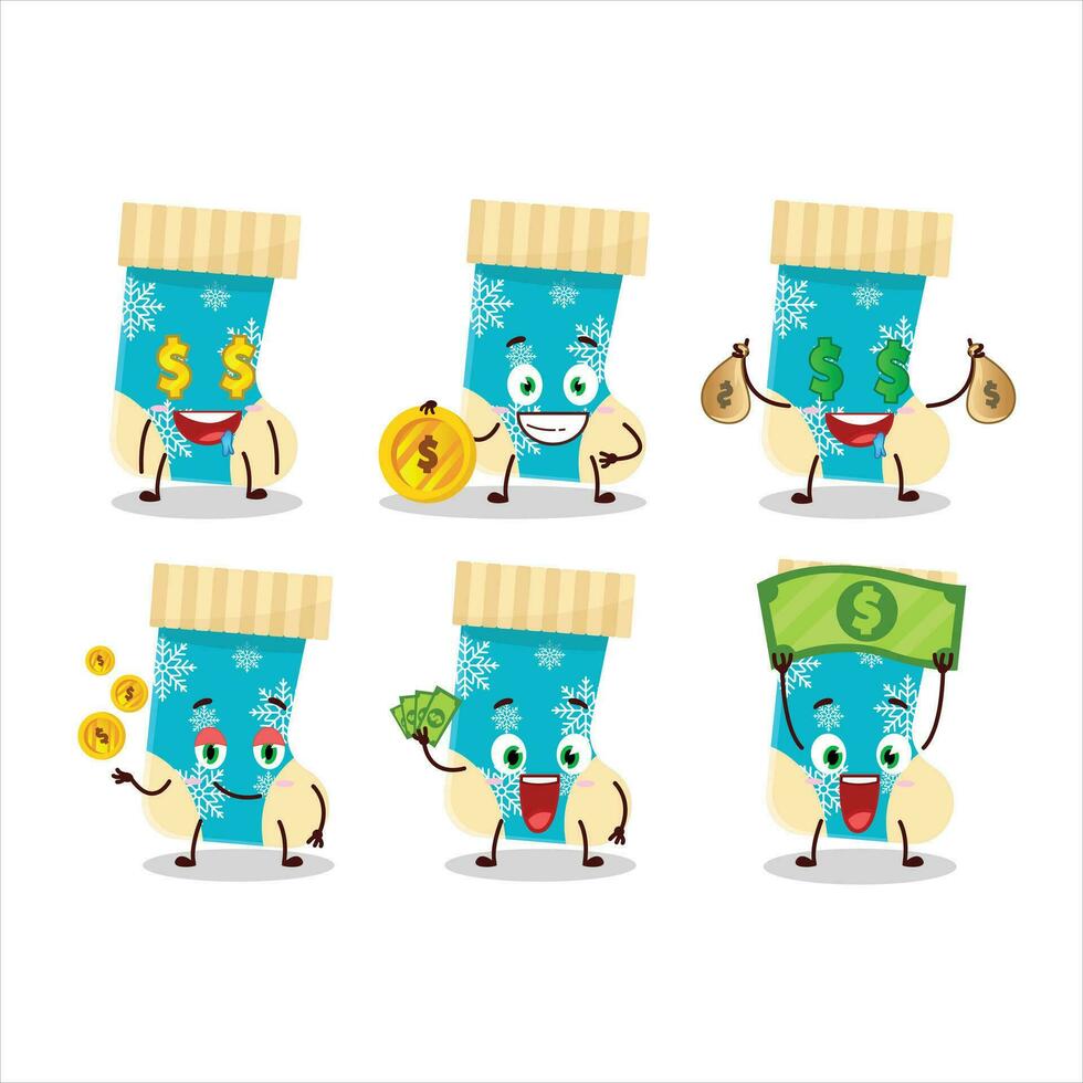 Blue christmas socks cartoon character with cute emoticon bring money vector