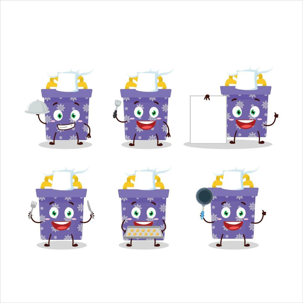dibujos animados personaje de púrpura Navidad regalo con varios cocinero emoticones vector
