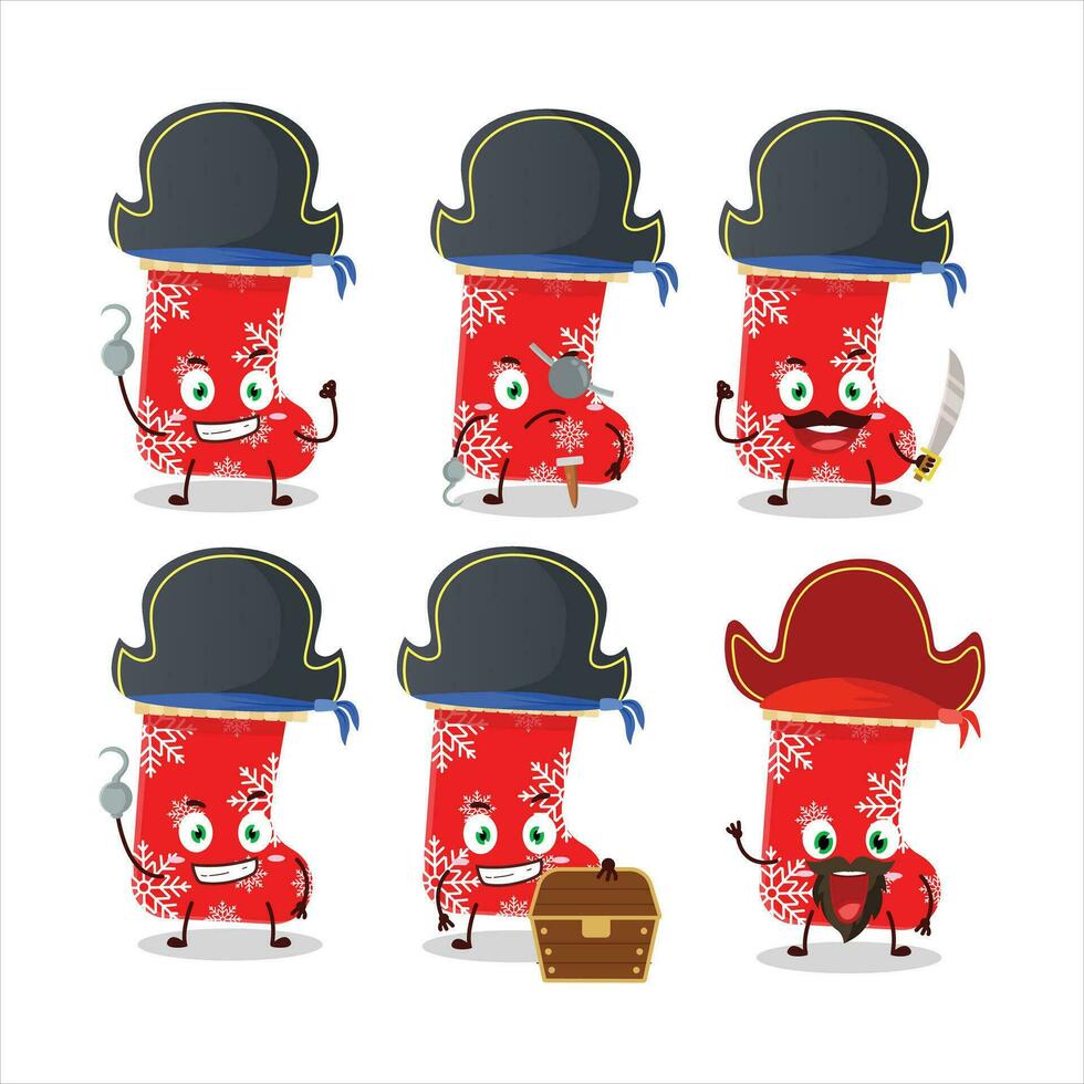 Cartoon character of red christmas socks with various pirates emoticons vector