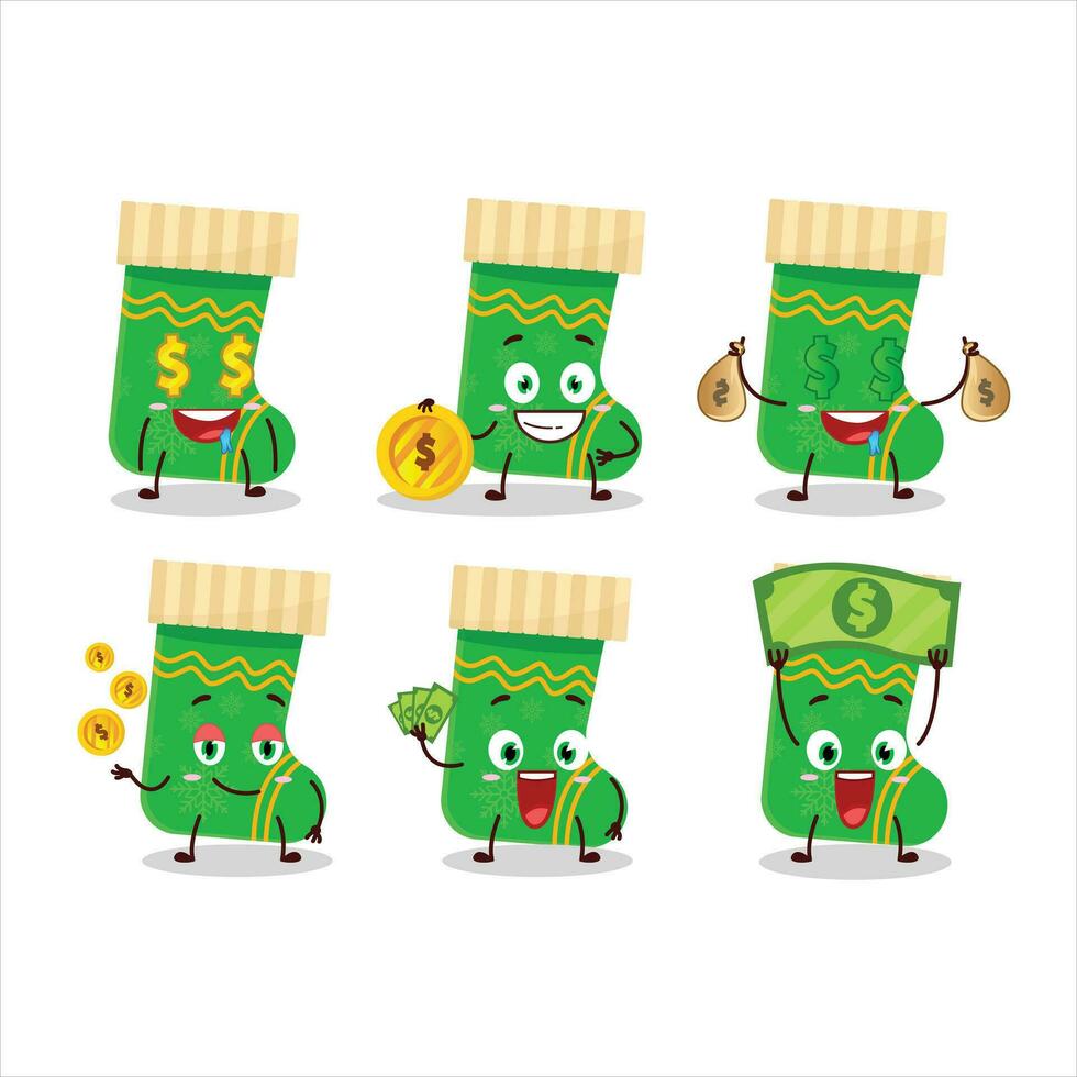 Green christmas socks cartoon character with cute emoticon bring money vector