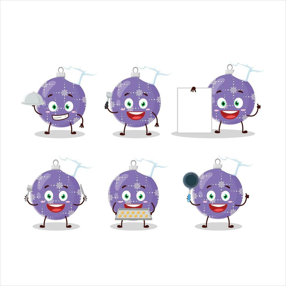 dibujos animados personaje de Navidad pelota púrpura con varios cocinero emoticones vector