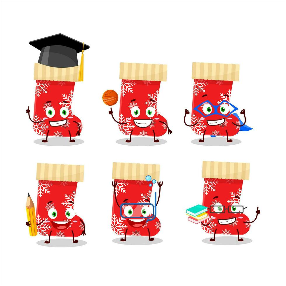 School student of red christmas socks cartoon character with various expressions vector
