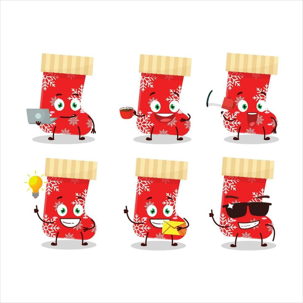 Red christmas socks cartoon character with various types of business emoticons vector
